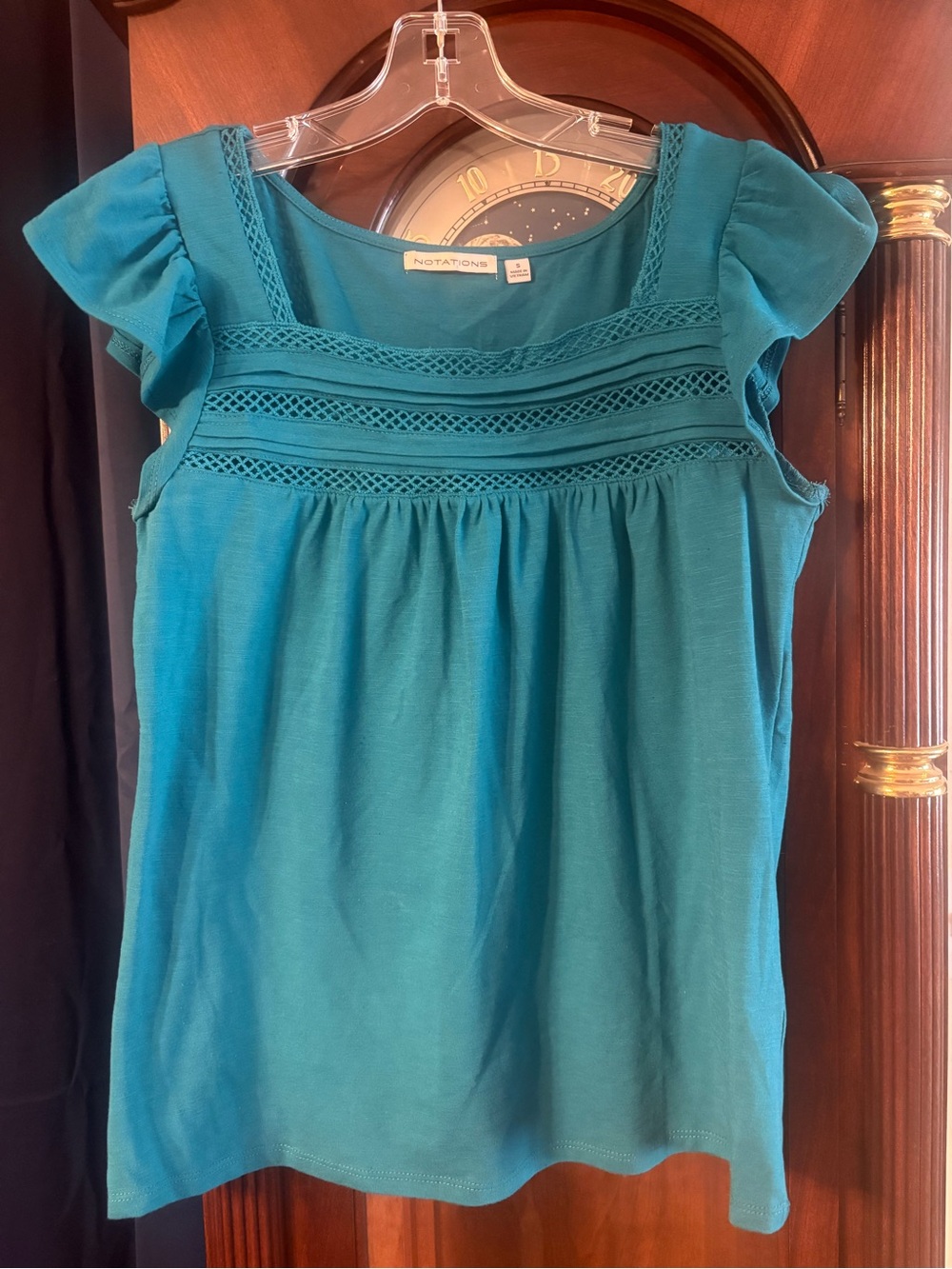 Notations Teal Crochet-Trim Flutter Sleeve Top